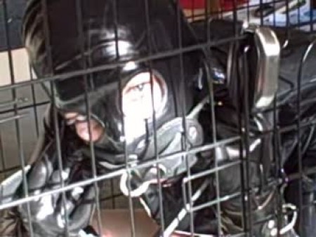 Karina Is Caged Gagged And Bound  Part 1 - Karina is wearing a fabulous simon o latex dress that has an attached hood and gloves, finished off with a pair of leather corset thigh boots.
being female she can't resist exploring the new cage that is set up in the room and she is soon in it.
before she has time to get out again she is locked into the cage.  Ankle and wrist cuffs are passed into her and she is told to put them on - tightly.  She follows this with a unique combined leather and rubber gumshield gag that silences all noise but makes her drool.
the final act is for her to blindfold herself with some goggles.
karina may think this is quite enough but you know we will be putting her in some ingenious bondage in the second and final part. :)