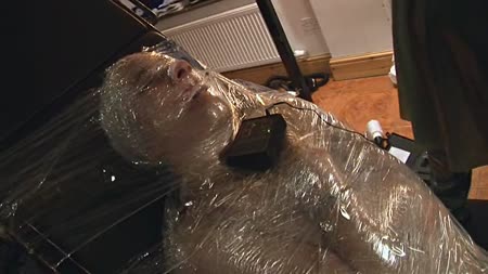 Electric Mummy - The final part to her mummification torment. As a reward for this slut we are going to make her cum for us, the combination of the vibrator on her pussy and the electric pags on her nipples soon sends her over the edge and we get her to give us another orgasm.