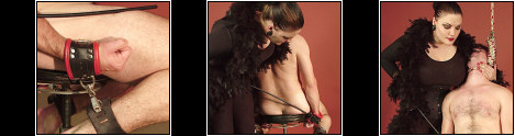 For The Slave - Sat on the stool and a noose around his neck he better not fall or he is in real trouble. Mistress betka tries to unsettle him by whipping him all over.
