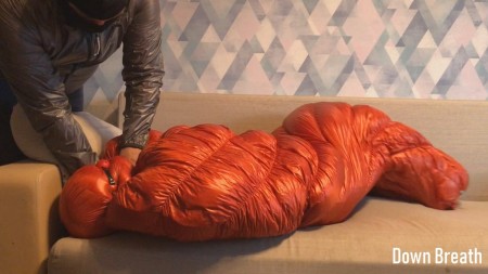 Shiny down sleeping bag fetish and breathplay